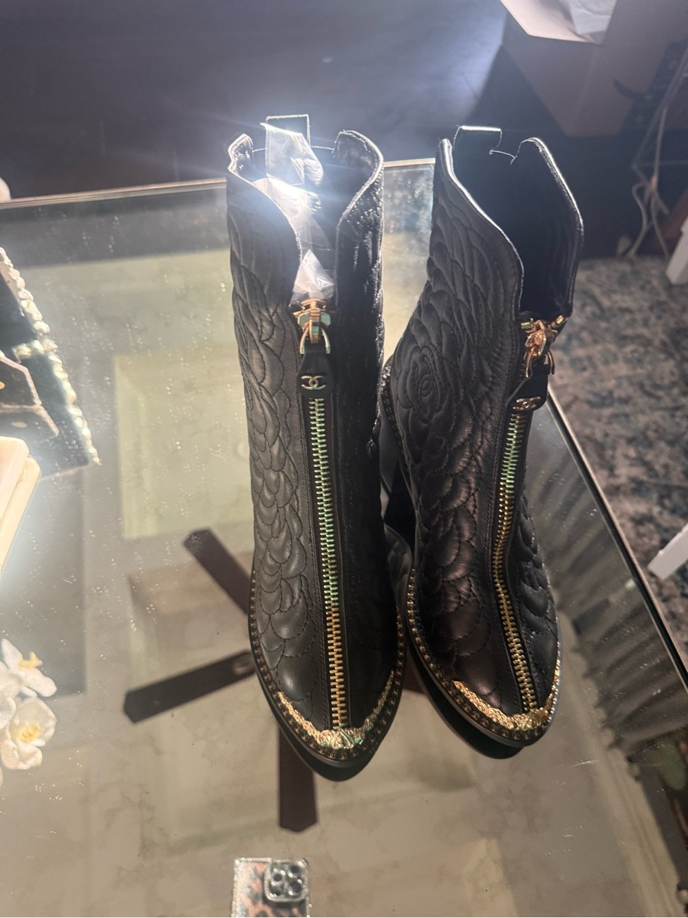 Black Quilted Leather Zip Boots with Gold Trim